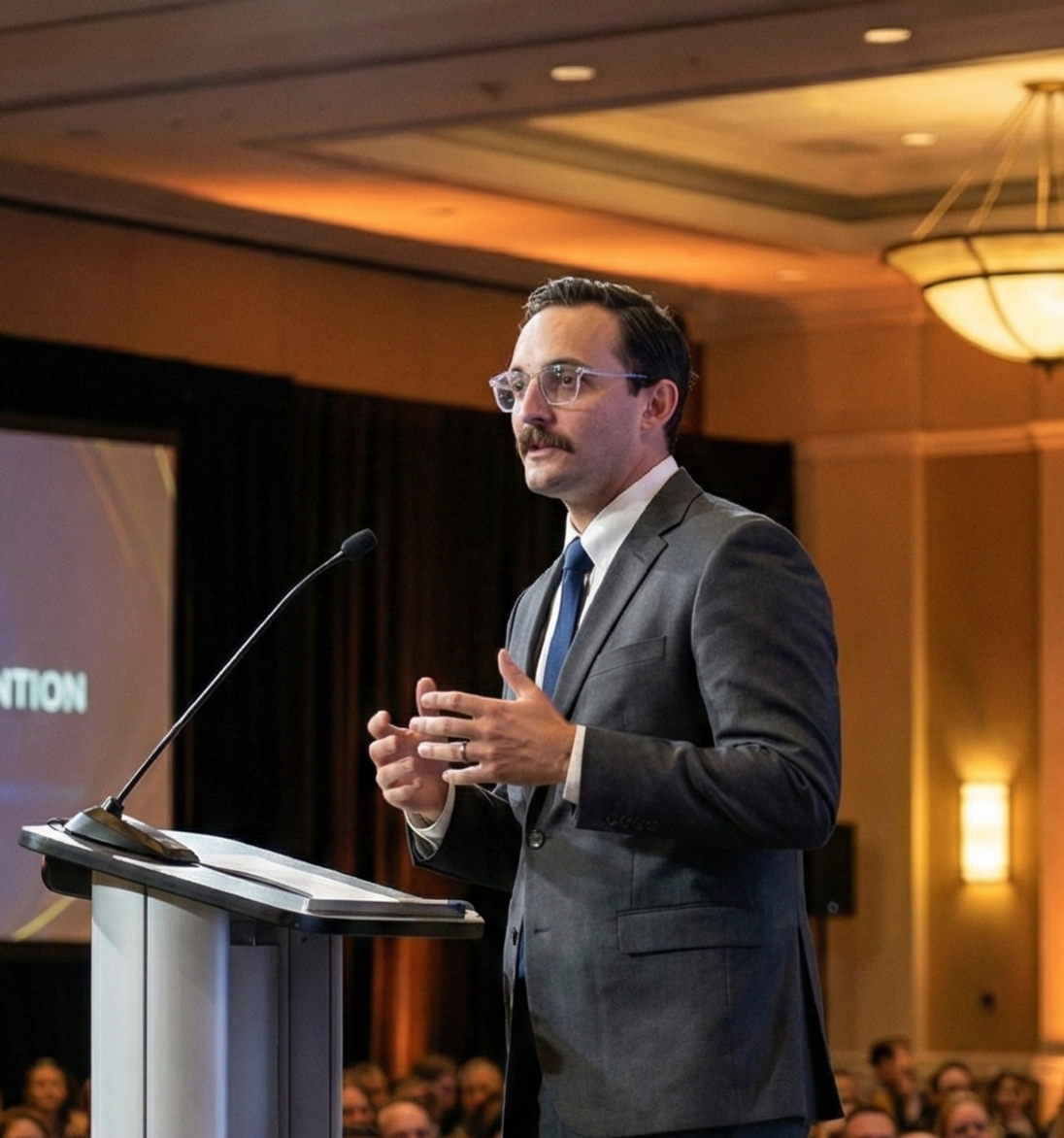 Connor speaking at an event